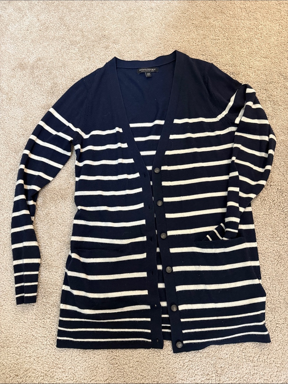 Banana Republic merino wool Navy and White Striped V-Neck Button Cardigan